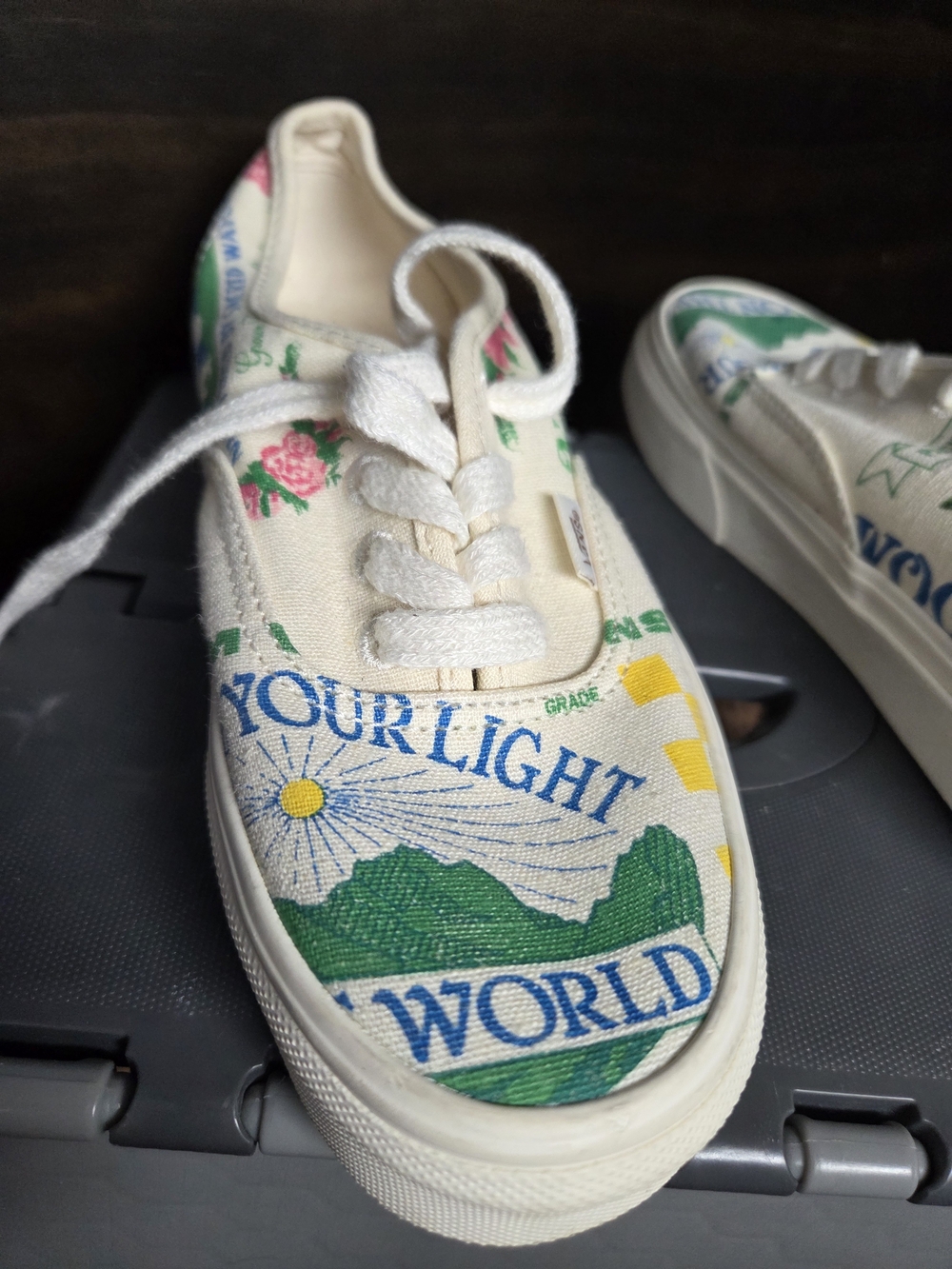Vans Cream Canvas Low-Top Sneakers with Green, Blue & Pink Graphic Print